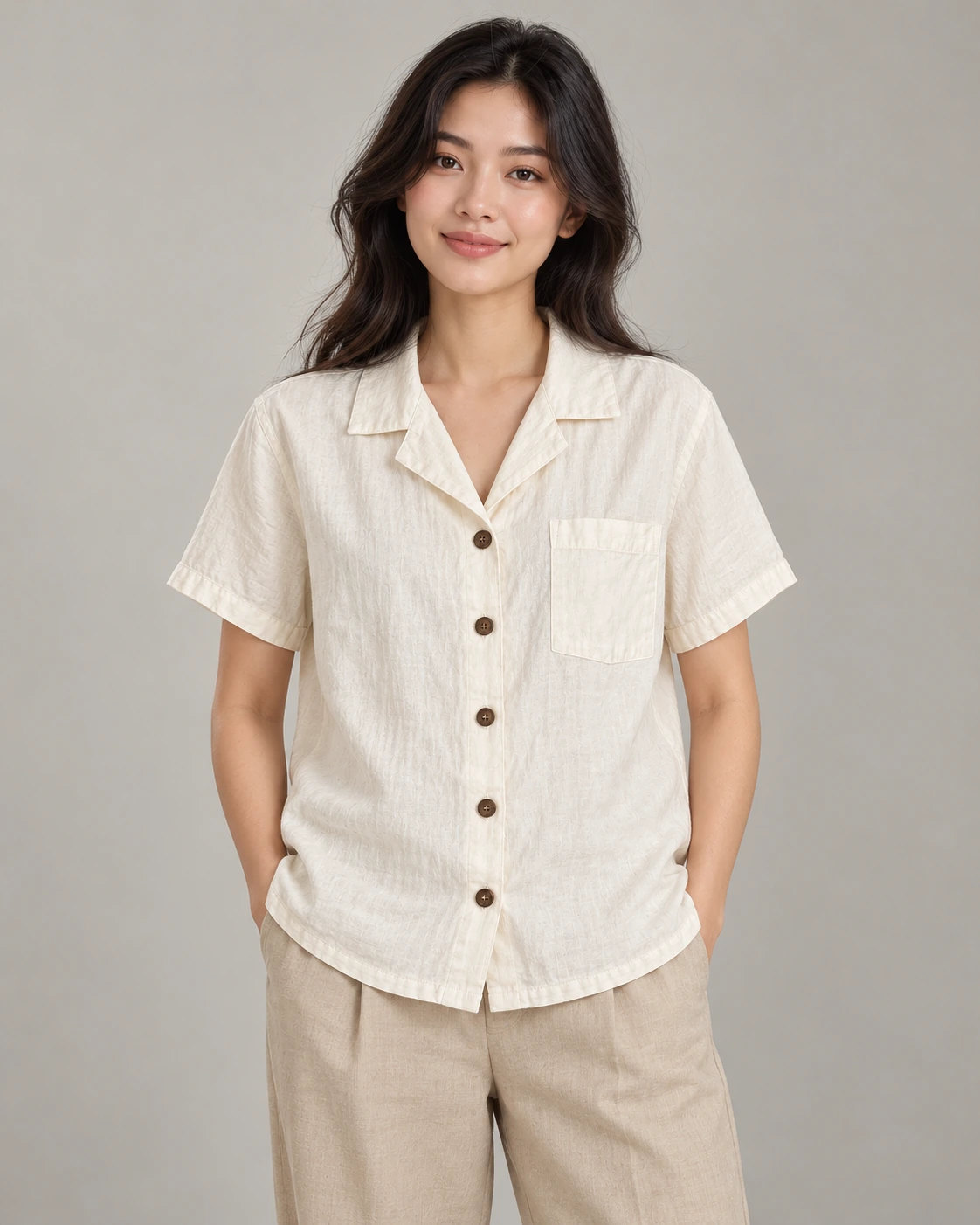 Sau khi thực hiện: Cùng mẫu áo Blazer Linen màu kem lên dáng người mẫu studio, giữ nguyên cổ ve chữ K, 4 cúc sừng và 2 túi nắp