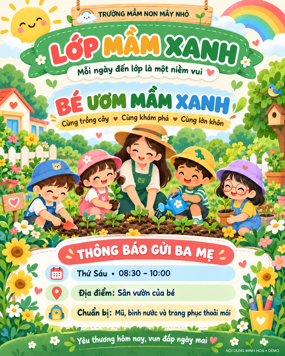 Demo minh họa: Poster thông báo lớp học: Lớp mầm xanh